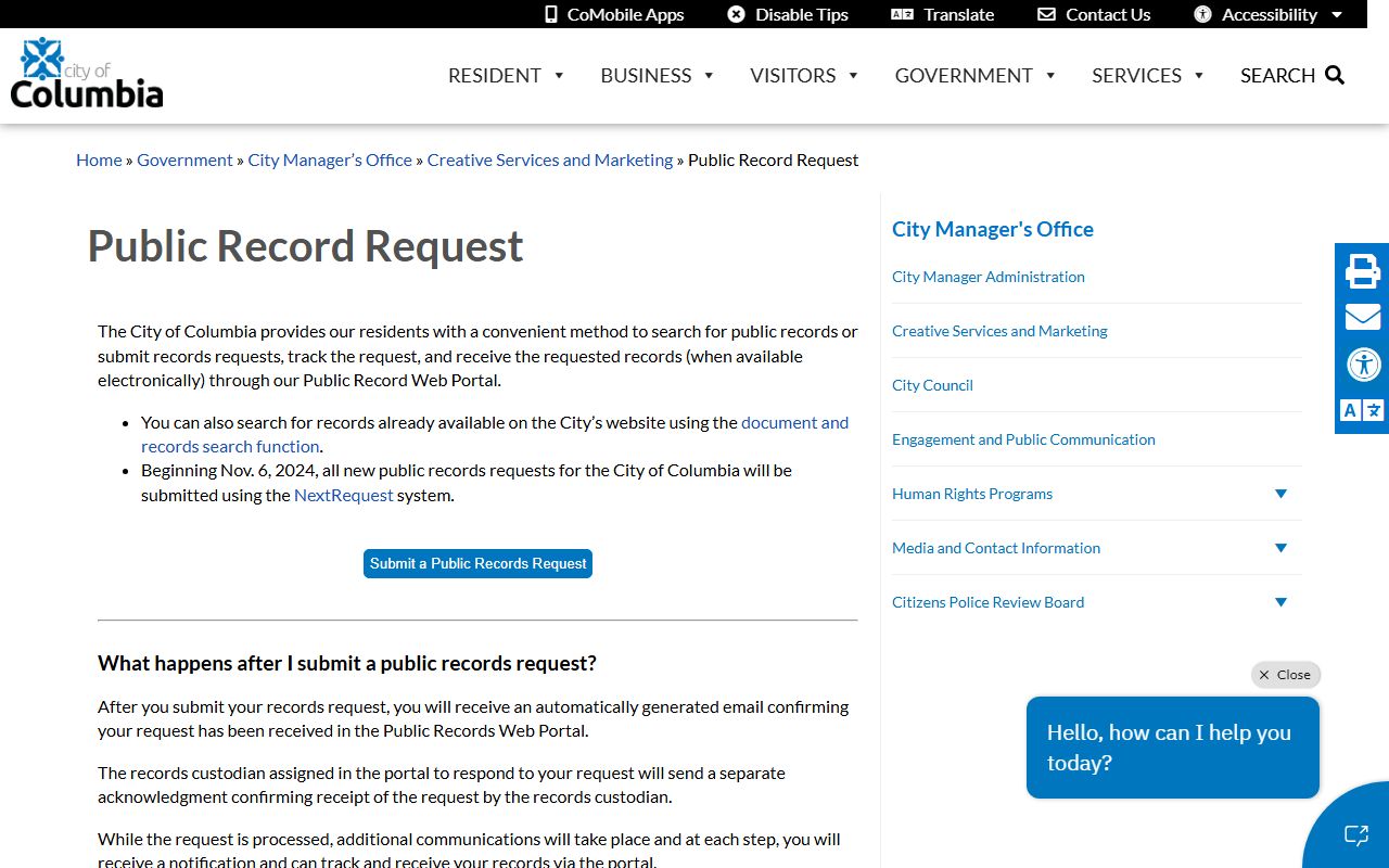 Columbia public record request portal using NextRequest system
