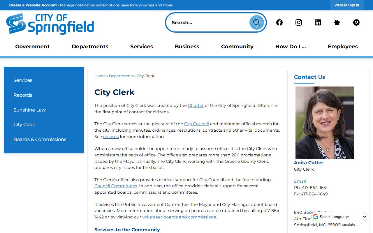 Springfield City Clerk office page for public records requests