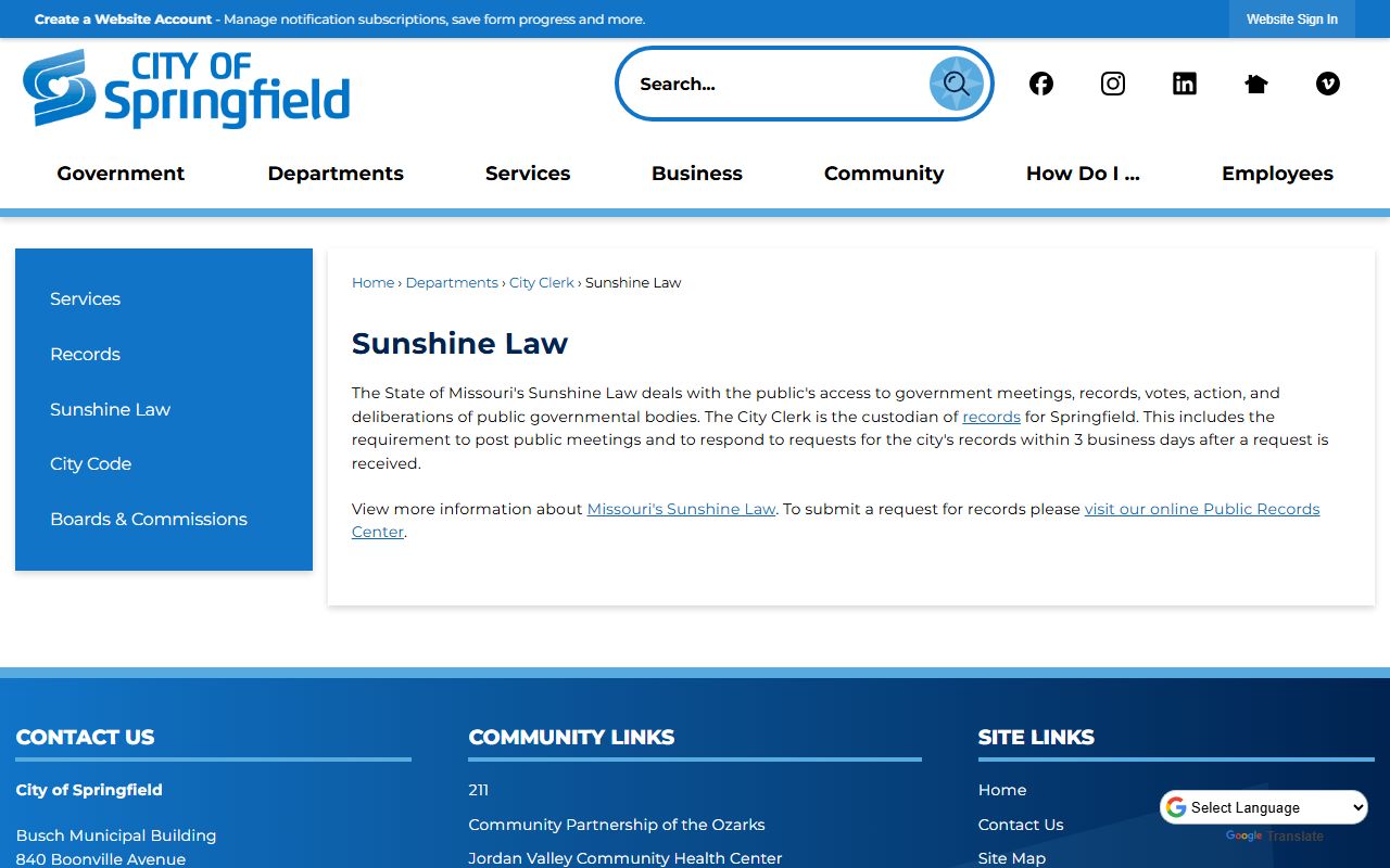 Springfield Sunshine Law information page for public records