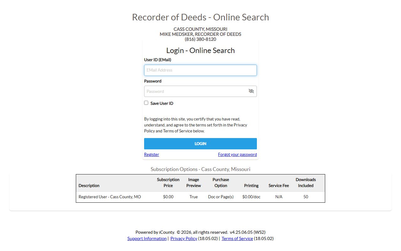 Cass County Missouri iCounty online records portal for public records