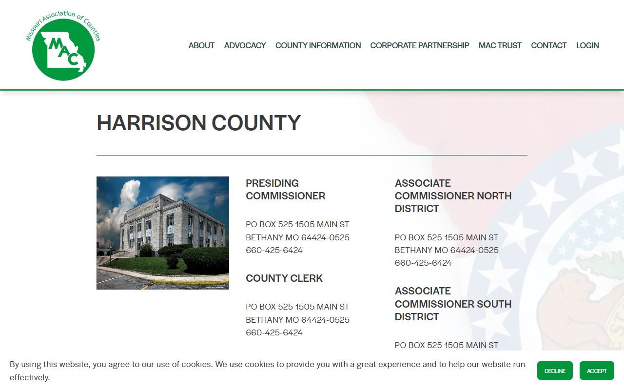 Missouri Association of Counties profile page for Harrison County public records