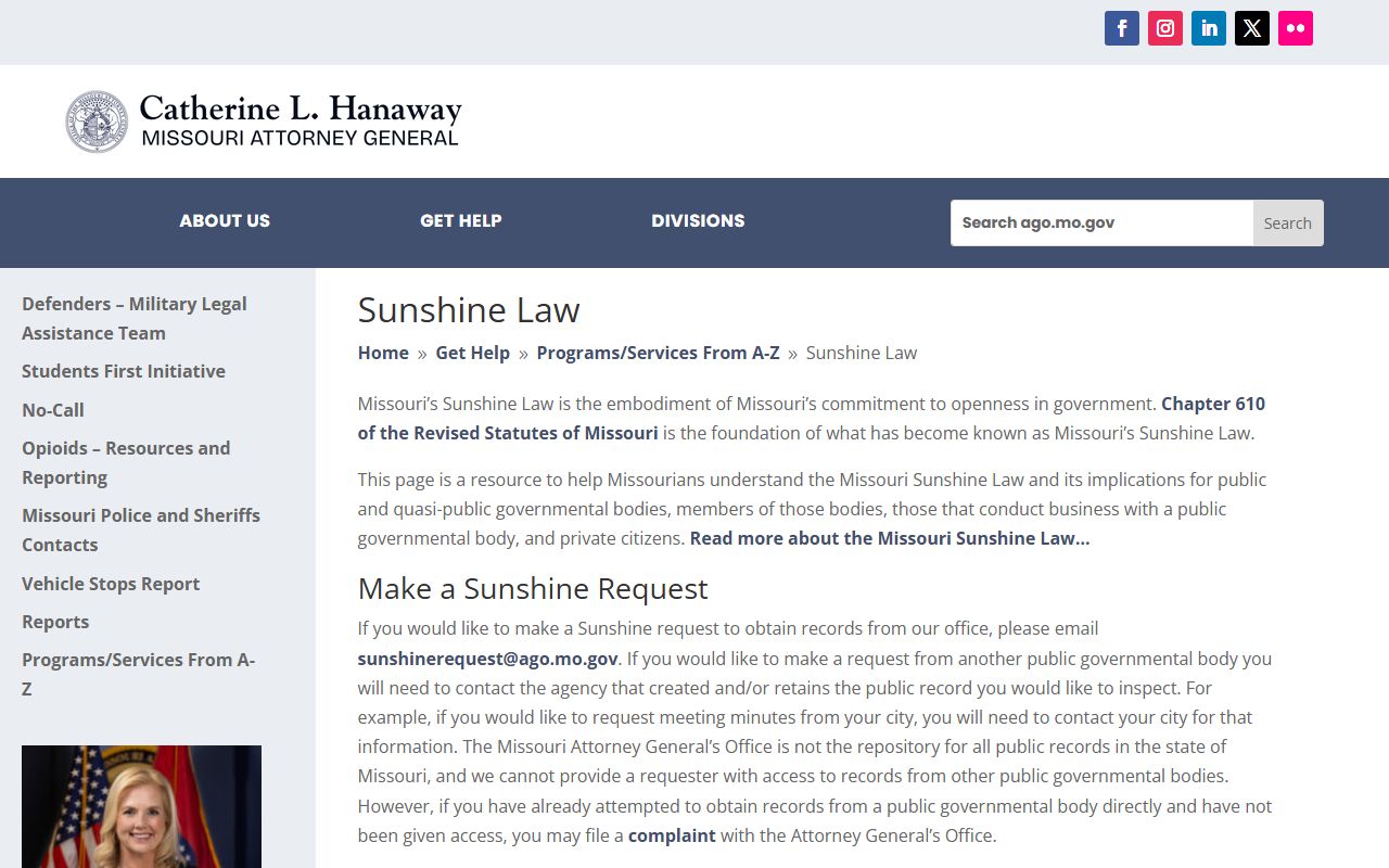 Missouri Attorney General Sunshine Law resources for public records requests