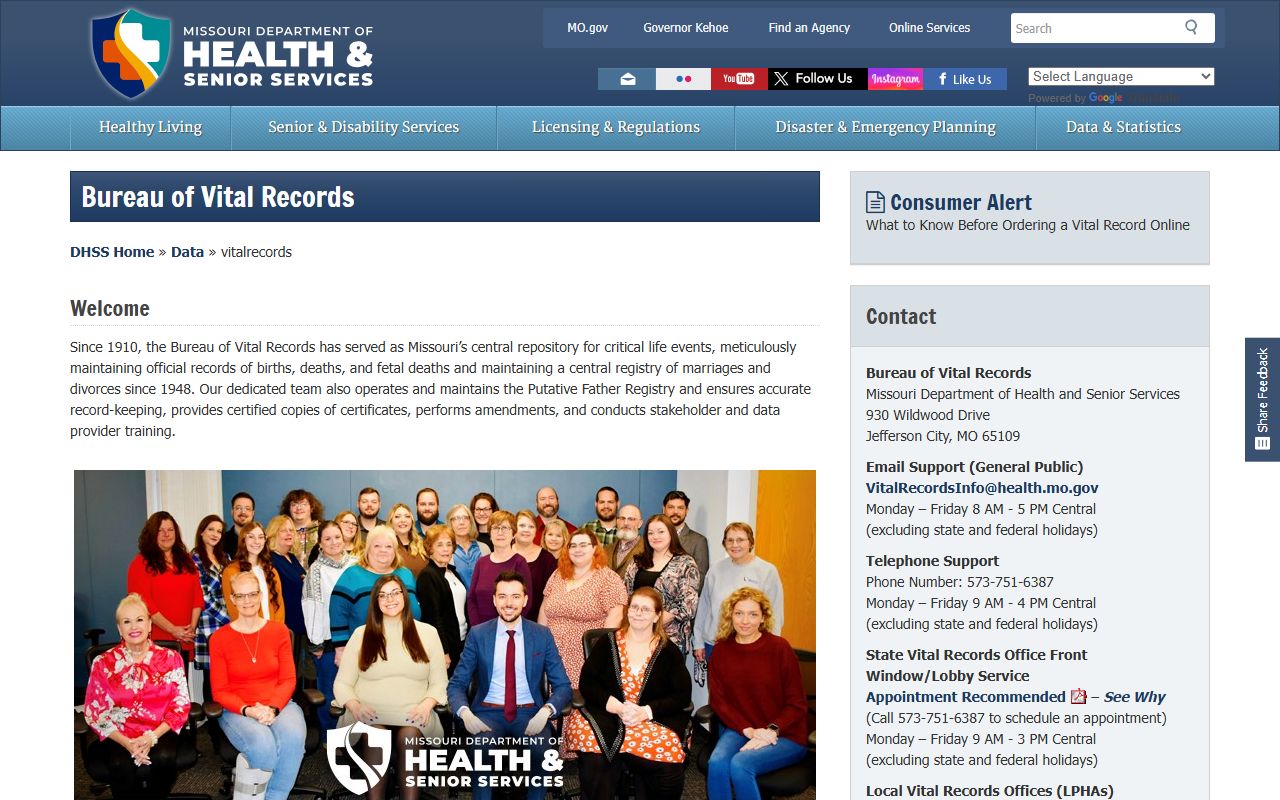 Missouri Department of Health and Senior Services vital records ordering page