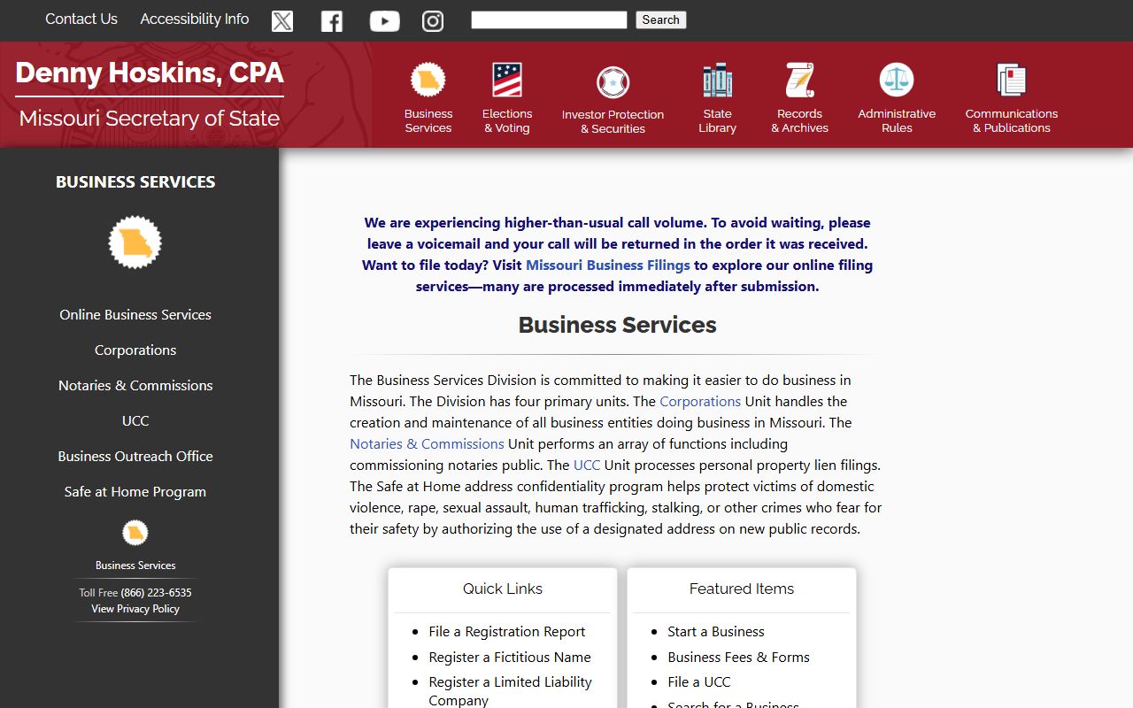 Missouri Secretary of State business entity search for public records