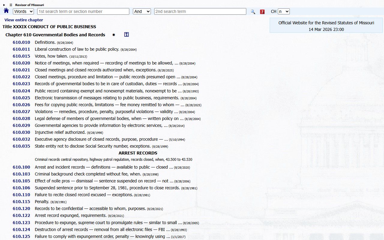 Missouri Sunshine Law Chapter 610 public records statute page